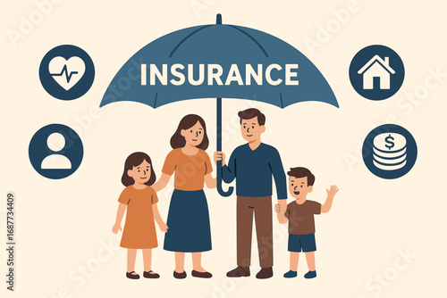Family Insurance Protection. Horizontal vector banner showing family under insurance umbrella with icons representing health, life