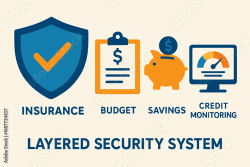 Integrated Security Solutions. Vector art of layered security system — insurance, budget, savings, and credit monitoring.