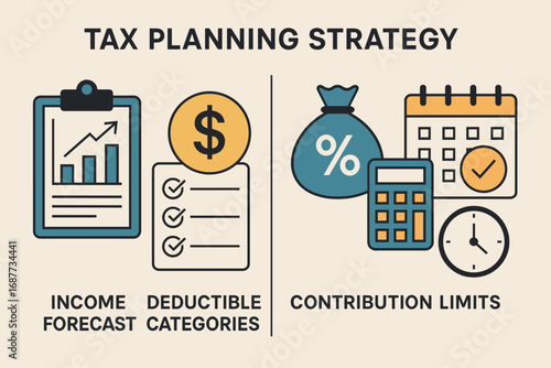Tax Planning Strategy. Vector art of tax planning strategy — income forecast, deductible categories, contribution limits, and