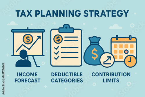 Tax Planning Strategy. Vector art of tax planning strategy — income forecast, deductible categories, contribution limits, and