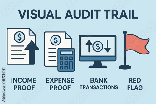 Visual Audit Trail. Banner showing visual audit trail — income, expense proof, bank transactions, and red flag areas.