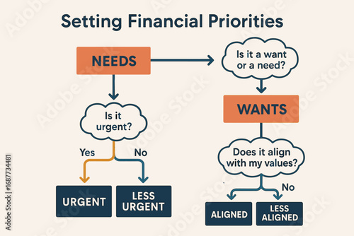 Financial Priorities Flowchart. Illustrated flowchart for setting financial priorities — needs vs wants, urgency, alignment with