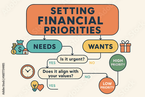 Financial Priorities Flowchart. Illustrated flowchart for setting financial priorities — needs vs wants, urgency, alignment with