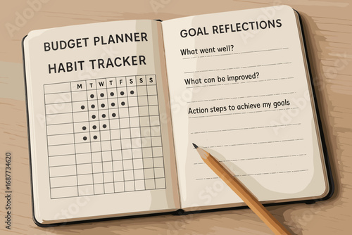 Habit and Goals Notebook. Scene of budget planner notebook open to habit tracker spread and goal reflections.