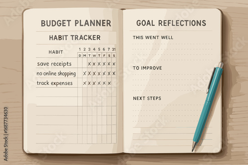 Habit and Goals Notebook. Scene of budget planner notebook open to habit tracker spread and goal reflections.
