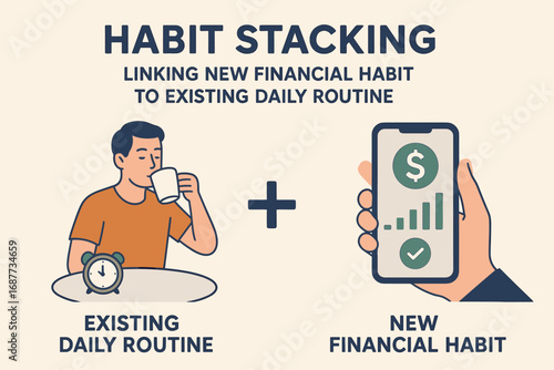 Habit Stacking Banner. Modern banner of habit stacking method — linking new financial habit to existing daily routine.