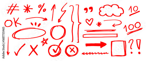 Back to school hand drawn red marker doodles arrows check marks symbols and highlights
