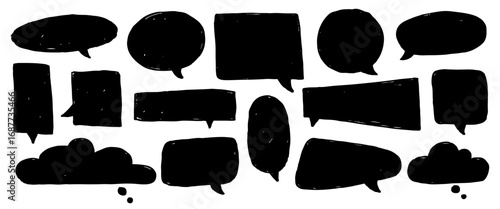 Hand drawn black speech bubbles doodle comic talk balloons set. Grunge chat doddles