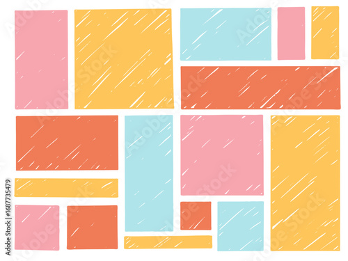 Rectángulos geométricos coloridos y apastelados dibujados a mano, fondo tipo boceto. Marcos simples y coloridos para notas