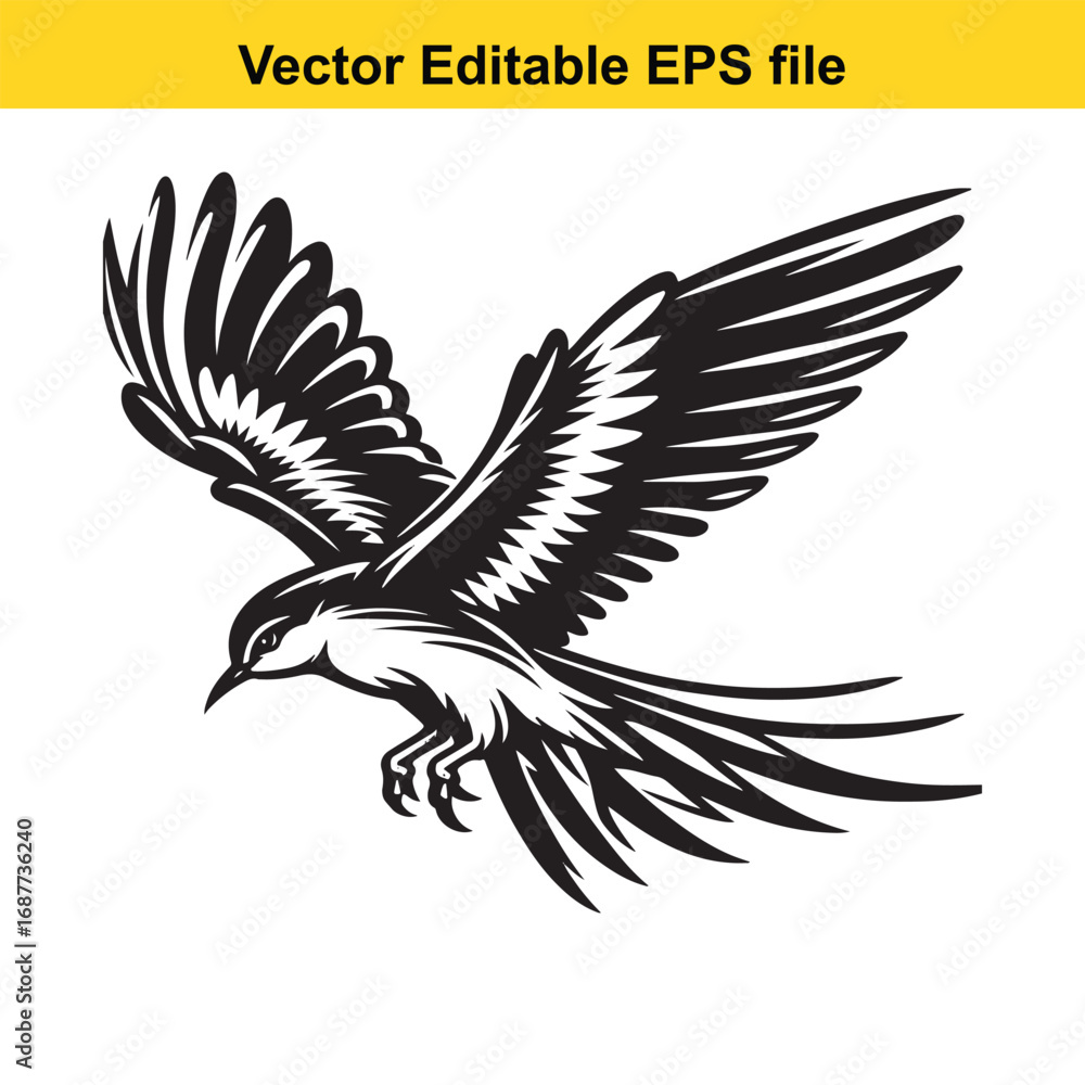 Obraz premium black and white illustration of a bird in flight, isolated on white background