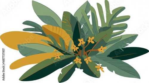 Tropical leaves and flowers illustration with green and yellow hues.