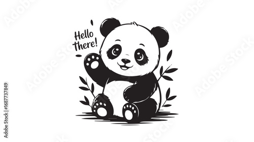 Adorable cartoon panda bear waving hello amidst stylized bamboo leaves