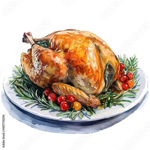 Turkey Roast, watercolor vector, isolated on a white background.