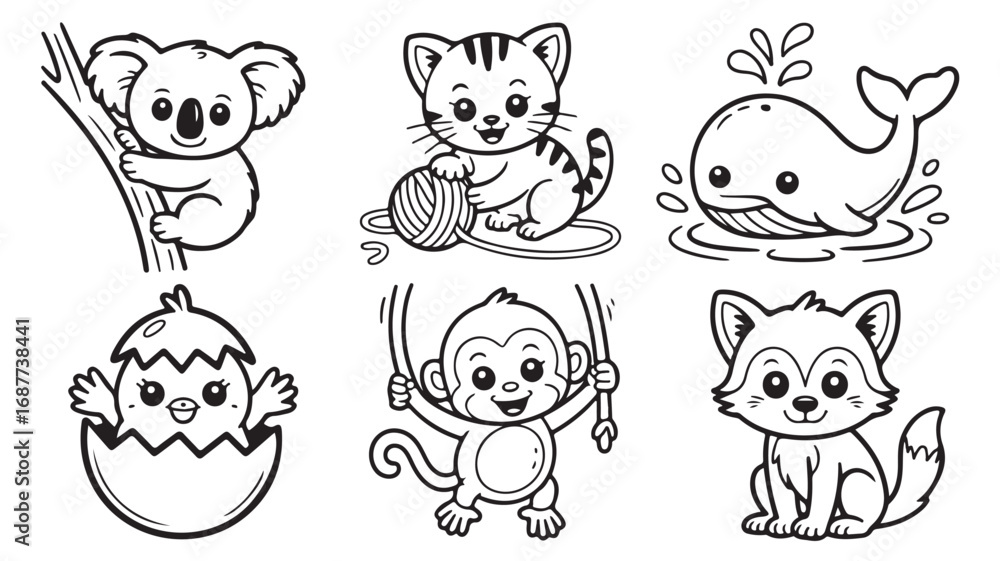 Fototapeta premium Adorable cartoon animals coloring page koala kitten whale chick monkey raccoon
