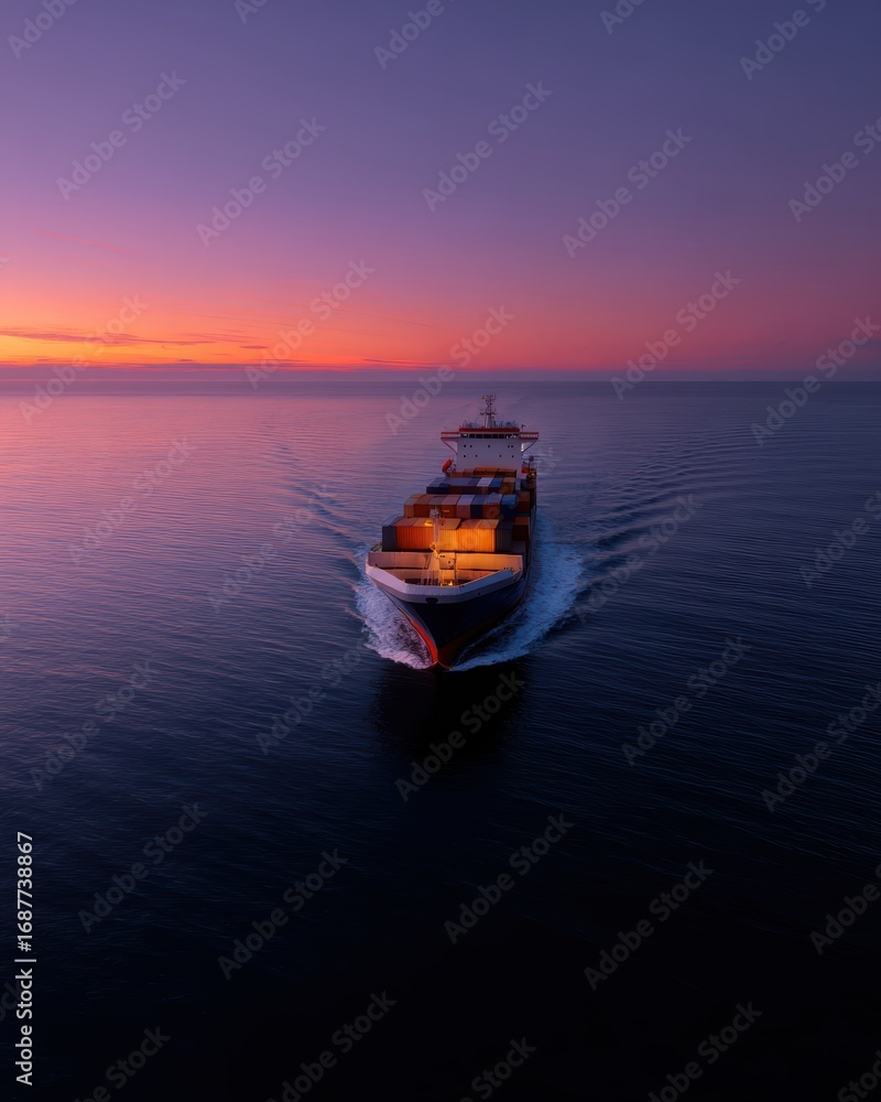 Naklejka premium A large freight ship navigating through a calm sea with a clear horizon at sunset