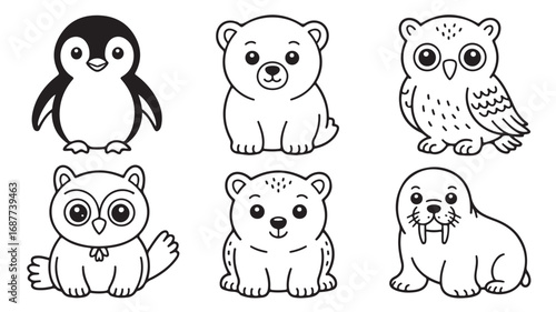 Adorable Arctic and Antarctic Animals Penguin Polar Bear Owl and Walrus Coloring Page Illustrations