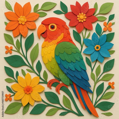 Colorful Parrot with Flowers Paper Cut Illustration