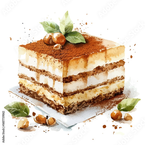 Tiramisu, watercolor illustration vector, isolated on a white background.