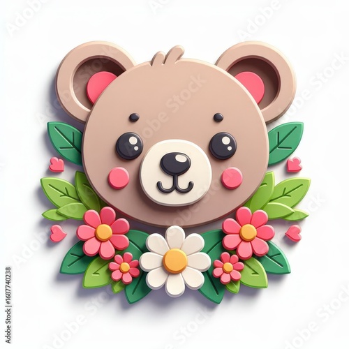 Cute Bear Face with Floral Wreath