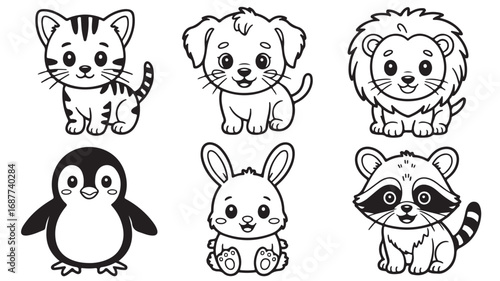Adorable Cartoon Animals Cat Dog Lion Penguin Rabbit Raccoon Coloring Page