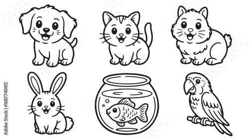 Adorable pets collection puppy kitten bunny parrot and goldfish