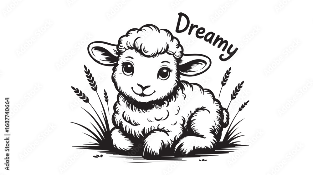 Obraz premium Adorable cartoon lamb sitting in the grass dreamy black and white illustration