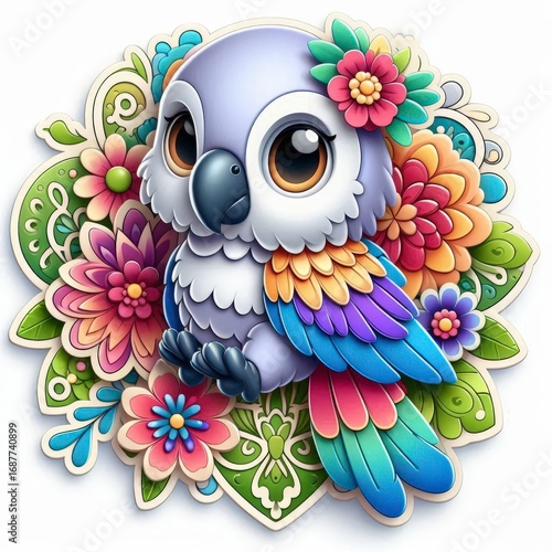 Cute Parrot with Flowers Colorful Cartoon Illustration