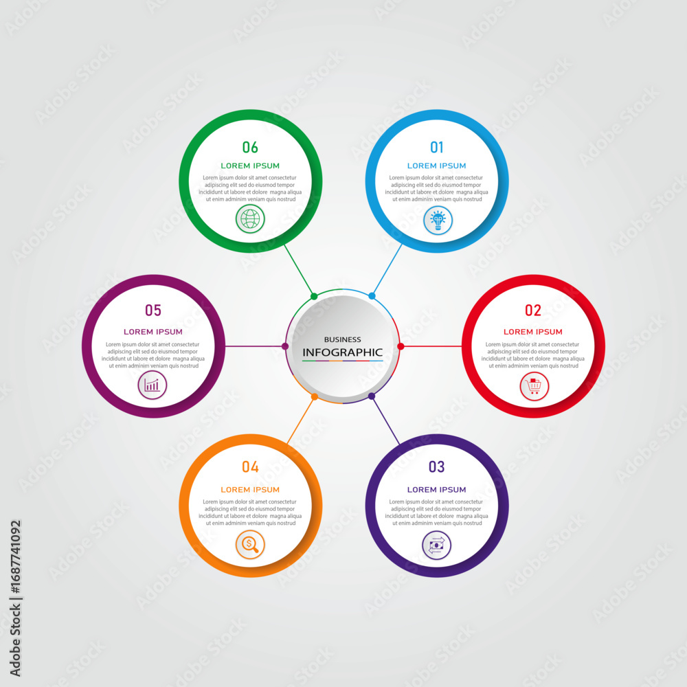 Marketing process visualization timeline diagram | Business data representation with white circle diagram dot connection with icon | 3d centre radial 6 steps colourful flowchart   for business