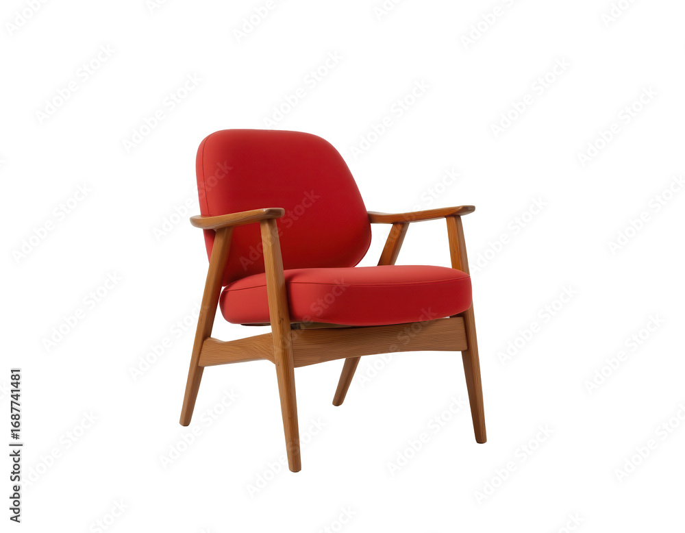 Fototapeta premium Vibrant Retro-Style Armchair with Wooden Frame and Red Cushion