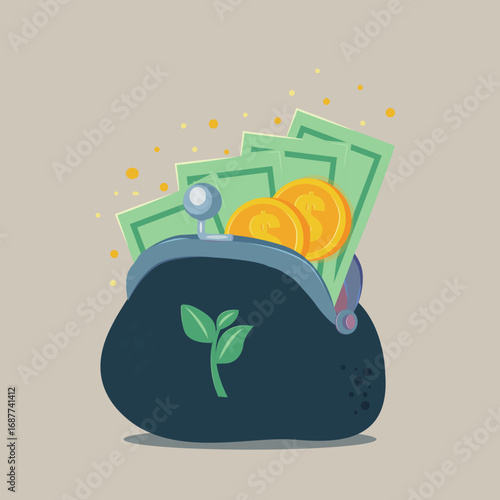 Wallet with money and plant — symbol of financial growth and economy, Monedero con dinero y planta — símbolo de crecimiento financiero y economía