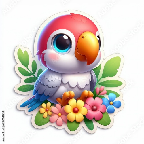 Cute Cartoon Parrot with Flowers