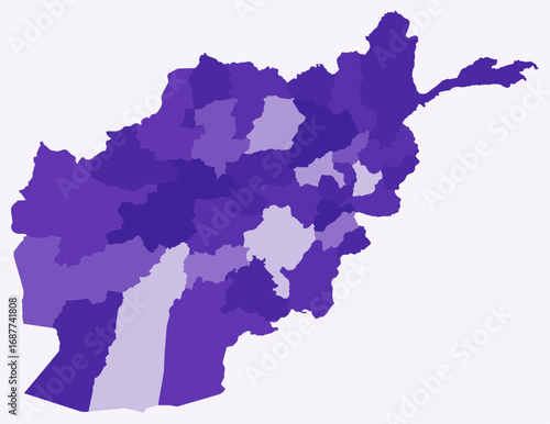 Map of Afghanistan with regions. Just a simple country border map with region division. Deep purple color palette. Blank Afghanistan shape with administrative division. Vector illustration.