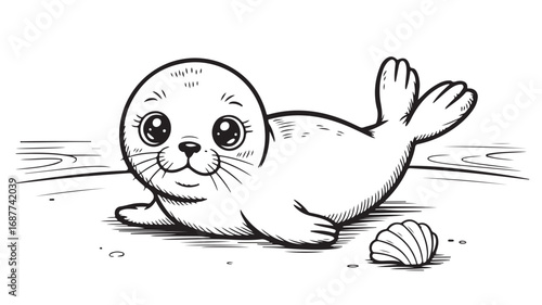Adorable cartoon baby seal pup on the beach near a seashell