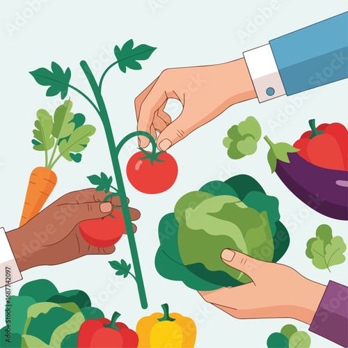 Hands picking vegetables on cultivated garden, including tomatoes, peppers, carrots and eggplants. Hands picking vegetables grown without pesticides are shown harvesting the garden plants.