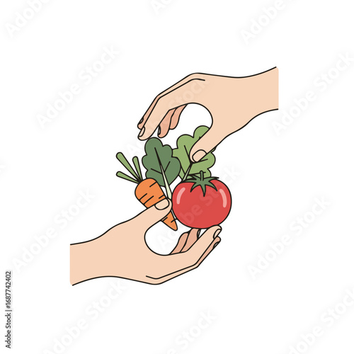 Hands picking vegetables including carrots, tomatoes, and leafy greens on white background. Hands picking vegetables with fresh produce for healthy lifestyle.