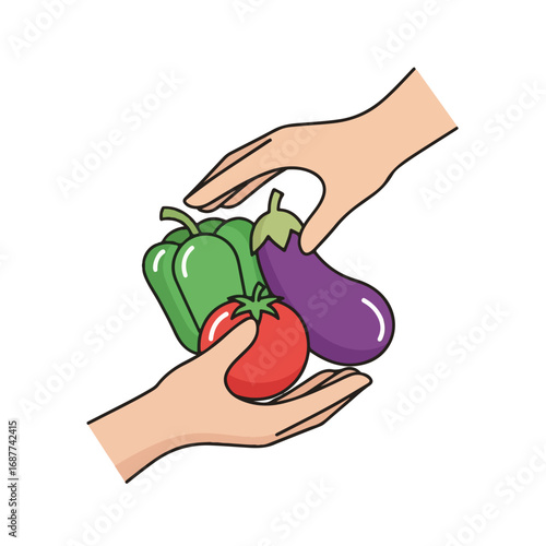 Hands picking vegetables including pepper, tomato and eggplant from garden. Hands picking vegetables that are fresh and organic for healthy eating. Demonstrate hands picking vegetables for nutrition.