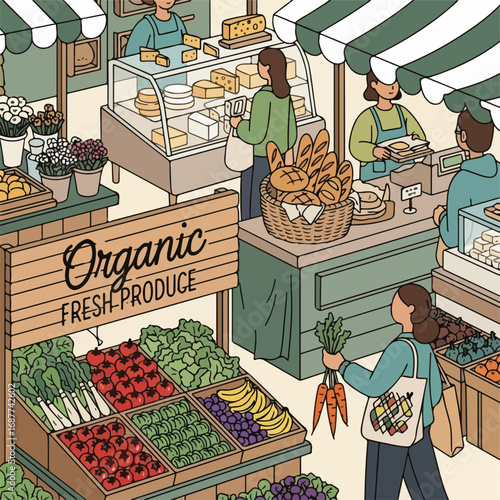 Organic market pick features a vibrant display of fresh produce. This organic market pick shows colorful vegetables and fruits and artisan bread, attracting customers looking for healthy food options.
