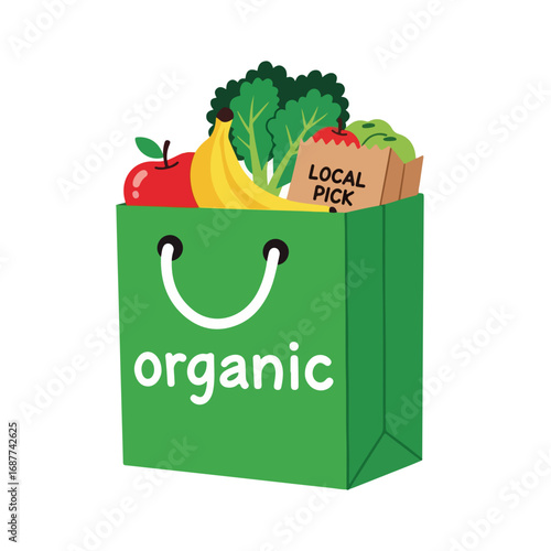 Organic market pick in green paper bag. Organic shopping bag filled with fresh apples, bananas, broccoli, and a paper bag labeled local pick.