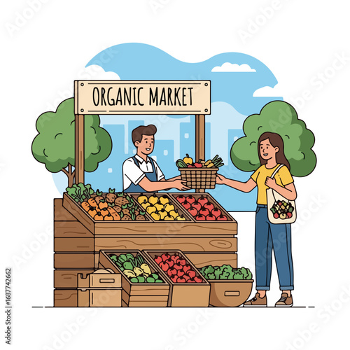 Organic market pick shows a vendor handing fresh produce to shopper in an outdoor setting. Organic market pick concept shows local farmer offering healthy products to customer,