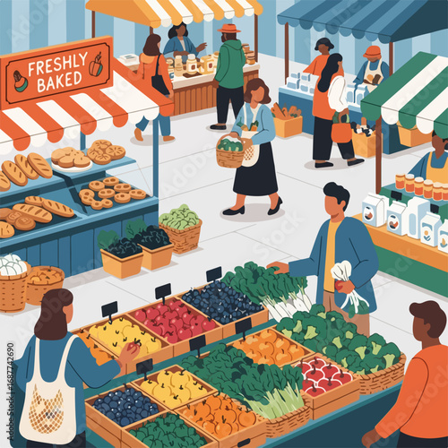 Organic market pick features fresh produce and baked goods in vibrant illustration, organic market pick showcases vendors with fruits, vegetables, and breads. People enjoy shopping,