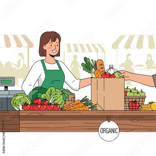 Organic market pick, with fresh produce on display, showcases vibrant vegetables and ripe tomatoes at wooden stall. Organic market pick purchase includes leafy greens, carrots,