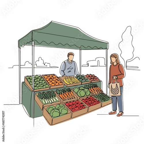 Organic market pick showing fresh produce under green canopy. Organic market pick features vibrant fruits and vegetables at farmers market, with vendor serving customer.