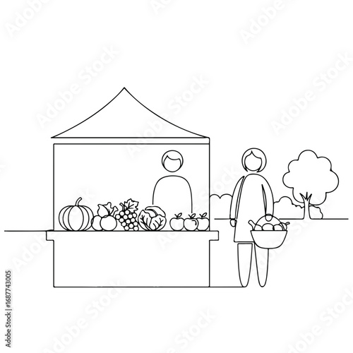 Organic market pick features fresh produce at outdoor stall, showcasing locally sourced vegetables and fruits in minimalist line drawing. Enjoy organic market pick of seasonal harvest,