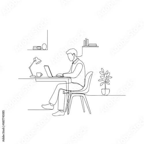 Person working at home illustrated with continuous single line, depicted sitting at desk using laptop. Working at home is simplified in single line art, showing remote job setup.