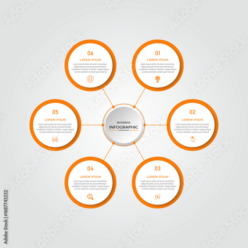 Business data visualization with timeline template vector - 6 steps orange circular vector with space for text also for business process, business diagram, digital marketing, and tech layout 