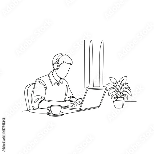 Man working at home with computer and headphones in line art style, man working at home near window and plant. Concept man working at home, enjoying peace, and tranquility.