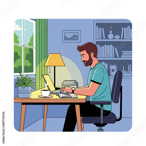 Working at home with a laptop, at his desk, surrounded by books creates peaceful environment. This man working at home enjoys modern technologies.