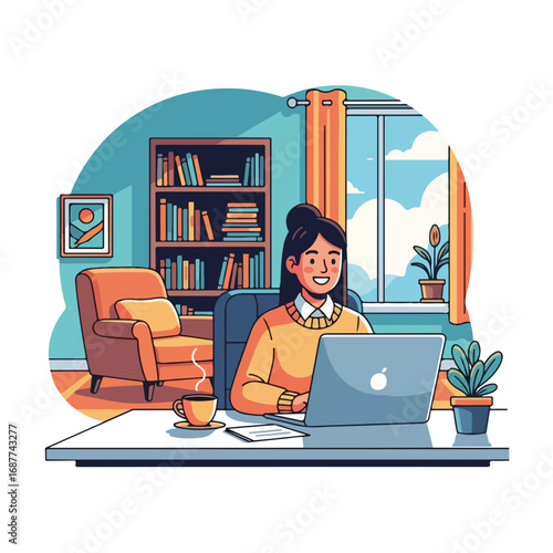 Working at home shown in a cozy room with a woman using laptop. Working at home includes a view of bookcase, potted plant, and bright window.