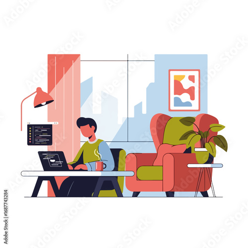 Illustration of working at home showing man seated at desk with laptop. Working at home concept featuring cozy armchair and minimalist decor, promoting focused productivity,