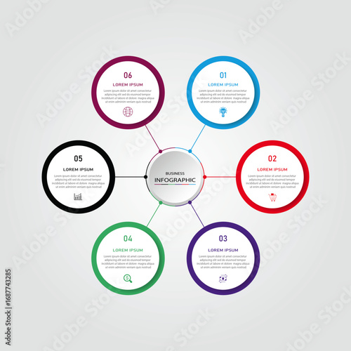 Business data visualization with timeline template vector - 6 steps colorful circular vector with space for text also for business process, business diagram, digital marketing, and tech layout 